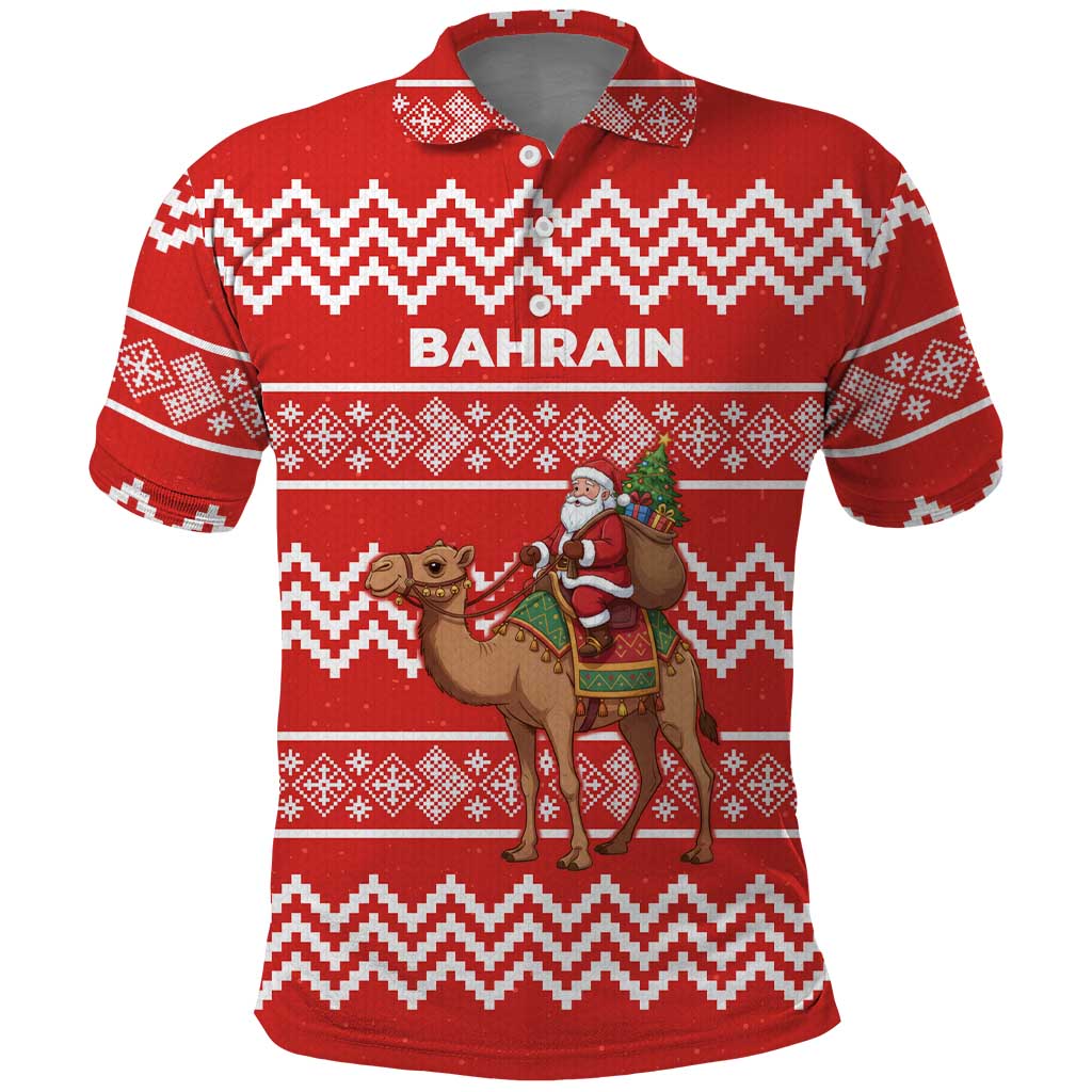Bahrain Christmas Polo Shirt with Santa Riding Camel Red Geometric Pattern and Festive Design - Wonder Print Shop