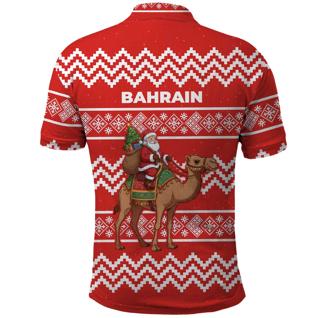 Bahrain Christmas Polo Shirt with Santa Riding Camel Red Geometric Pattern and Festive Design - Wonder Print Shop