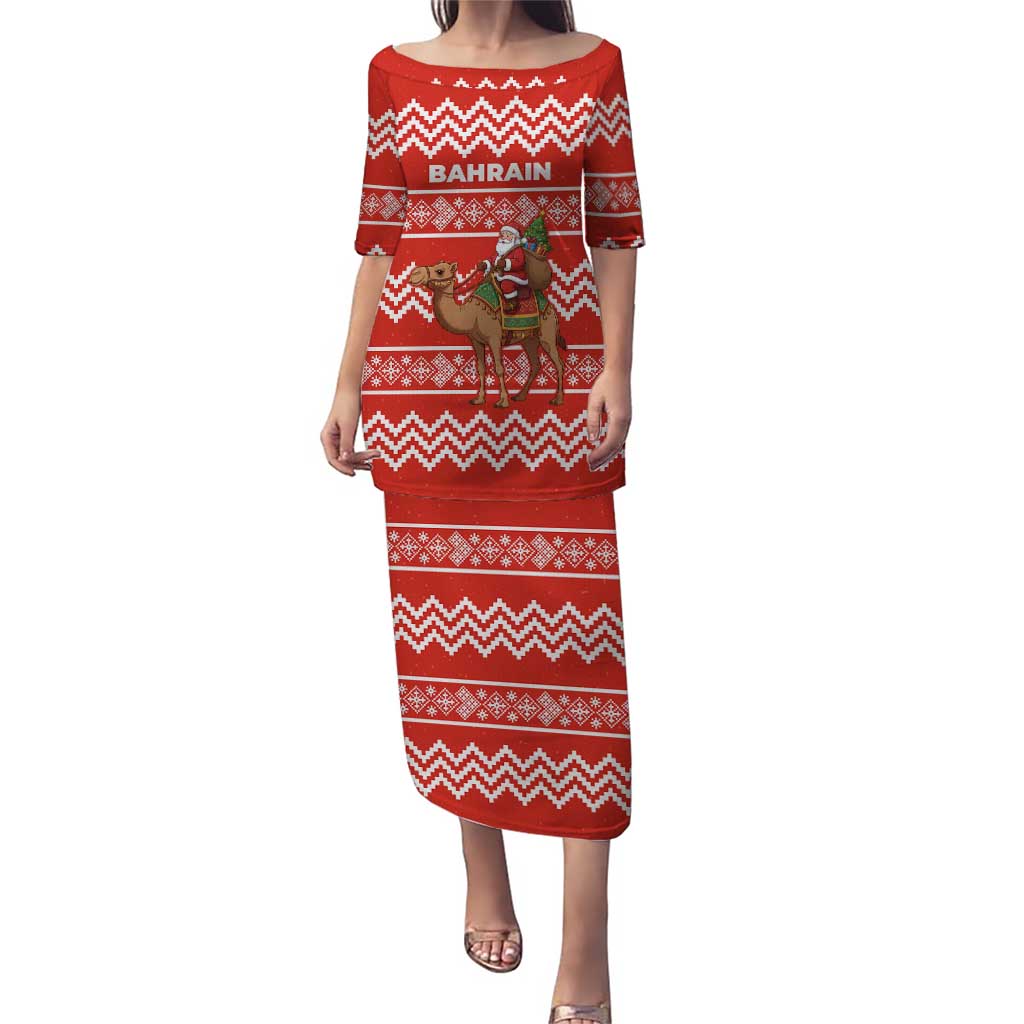 Bahrain Christmas Puletasi with Santa Riding Camel Red Geometric Pattern and Festive Design - Wonder Print Shop