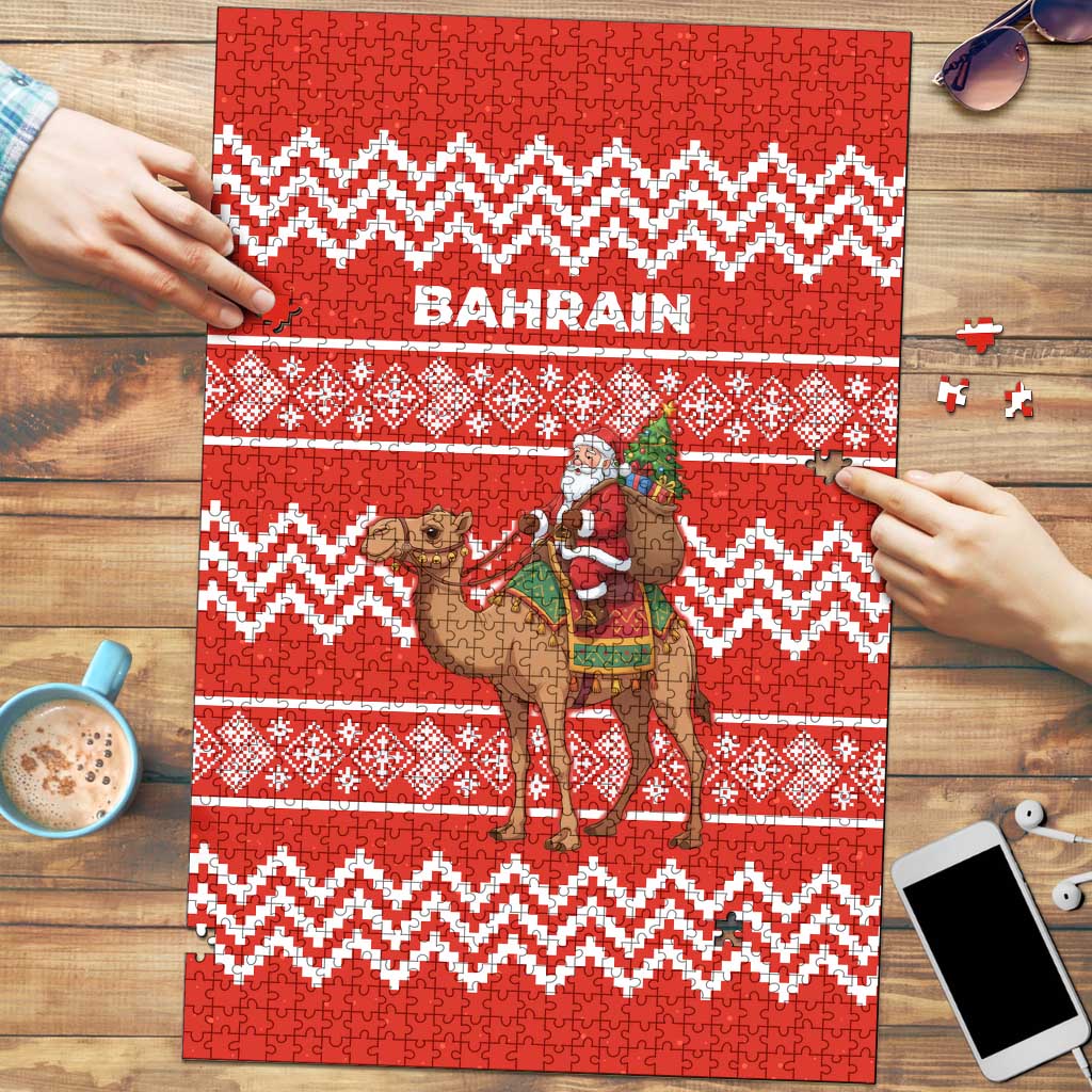 Bahrain Christmas Puzzle with Santa Riding Camel Red Geometric Pattern and Festive Design - Wonder Print Shop