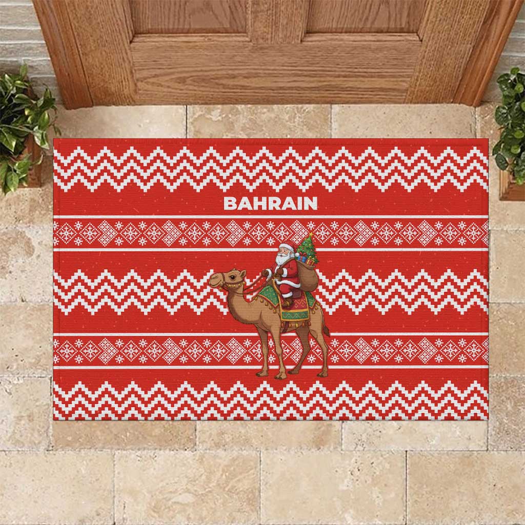 Bahrain Christmas Rubber Doormat with Santa Riding Camel Red Geometric Pattern and Festive Design - Wonder Print Shop