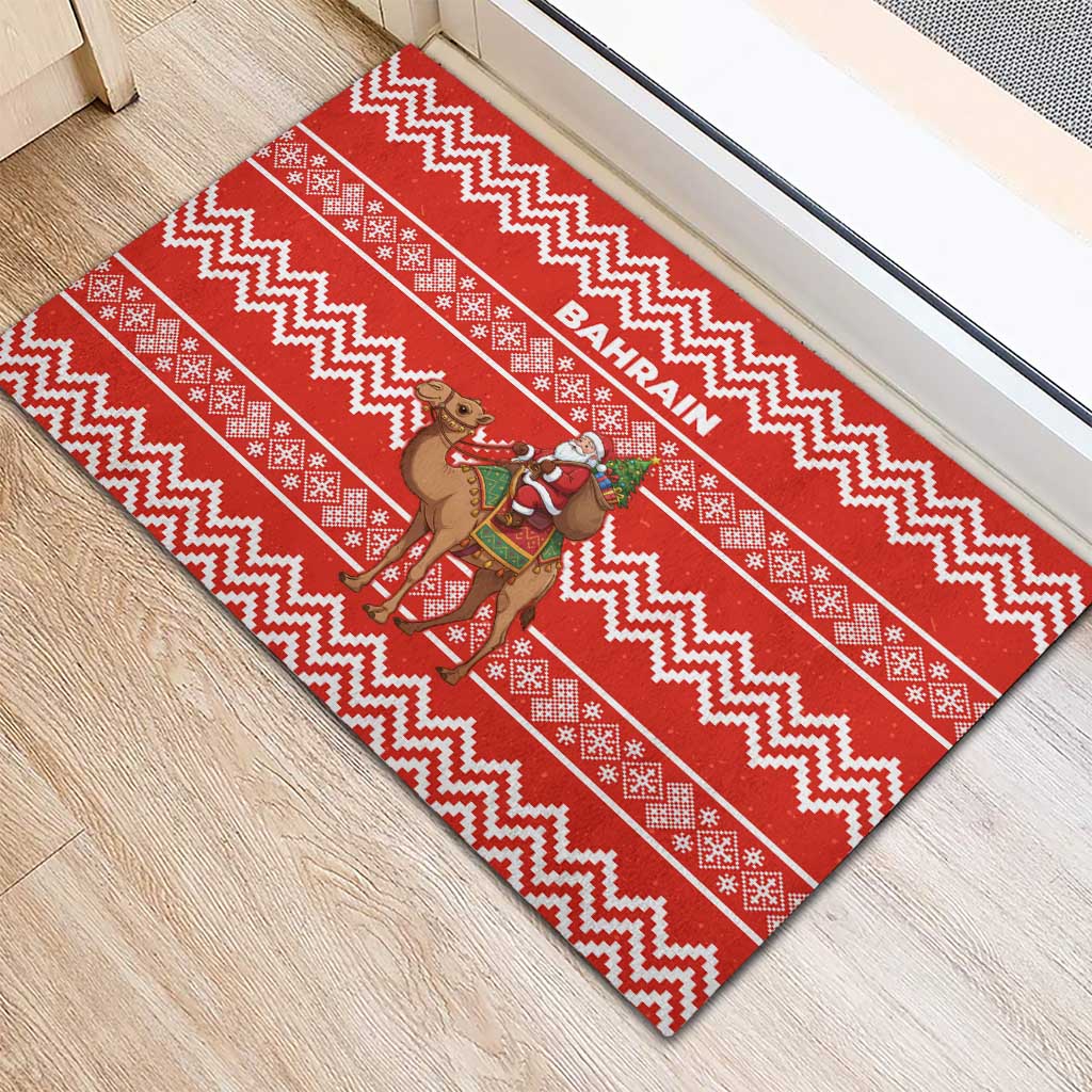 Bahrain Christmas Rubber Doormat with Santa Riding Camel Red Geometric Pattern and Festive Design - Wonder Print Shop