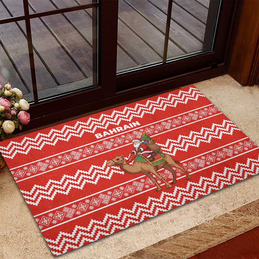 Bahrain Christmas Rubber Doormat with Santa Riding Camel Red Geometric Pattern and Festive Design - Wonder Print Shop