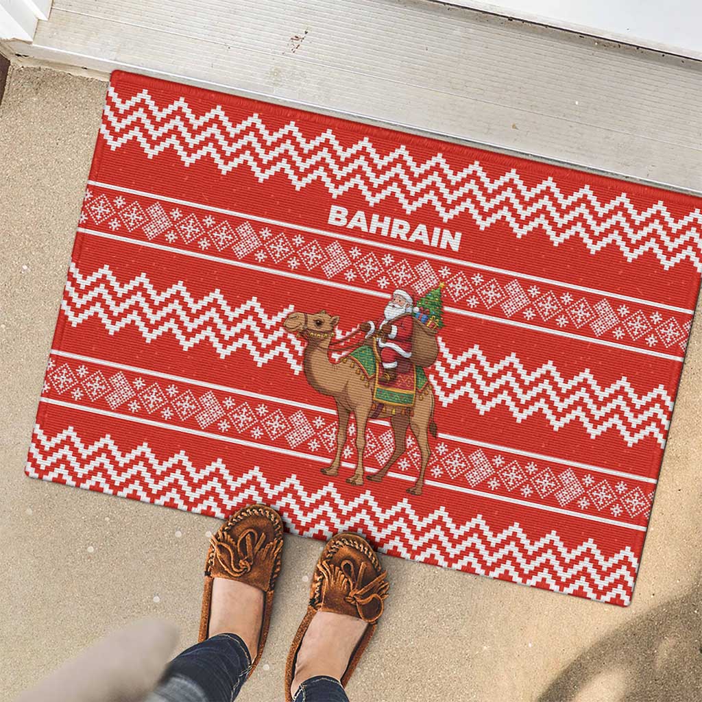 Bahrain Christmas Rubber Doormat with Santa Riding Camel Red Geometric Pattern and Festive Design - Wonder Print Shop