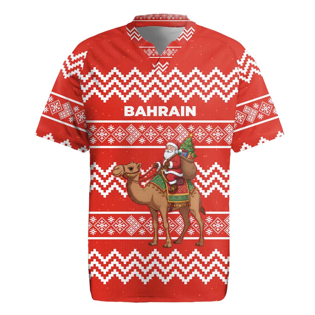 Bahrain Christmas Rugby Jersey with Santa Riding Camel Red Geometric Pattern and Festive Design - Wonder Print Shop