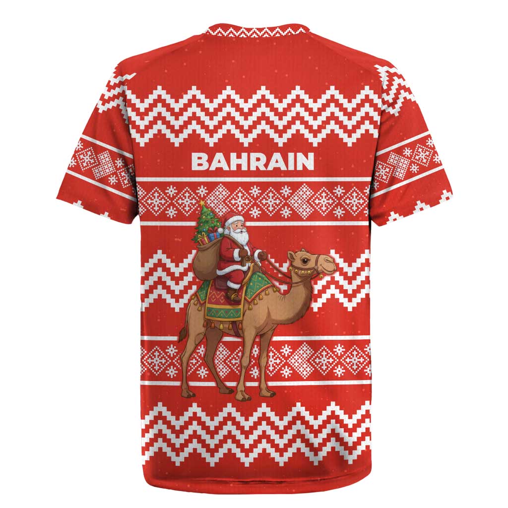 Bahrain Christmas Rugby Jersey with Santa Riding Camel Red Geometric Pattern and Festive Design - Wonder Print Shop