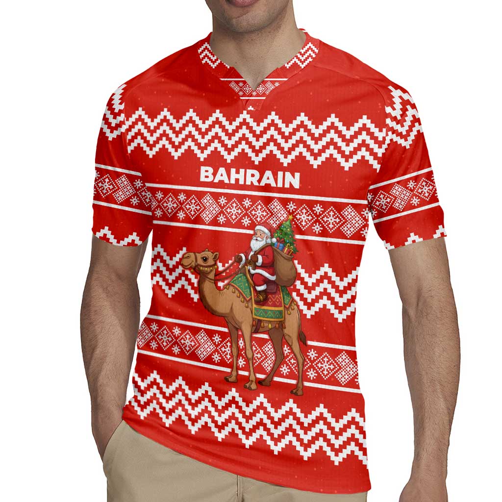 Bahrain Christmas Rugby Jersey with Santa Riding Camel Red Geometric Pattern and Festive Design - Wonder Print Shop