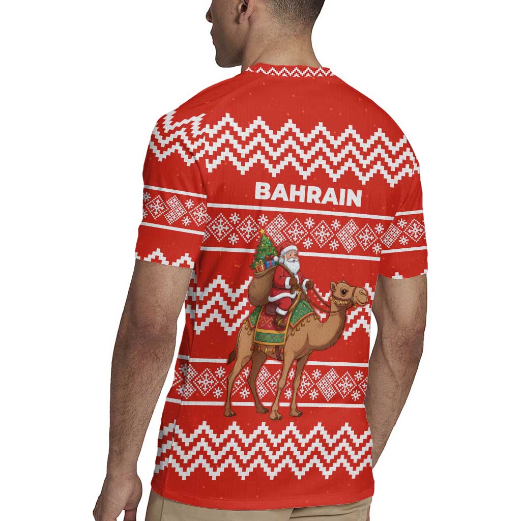 Bahrain Christmas Rugby Jersey with Santa Riding Camel Red Geometric Pattern and Festive Design - Wonder Print Shop