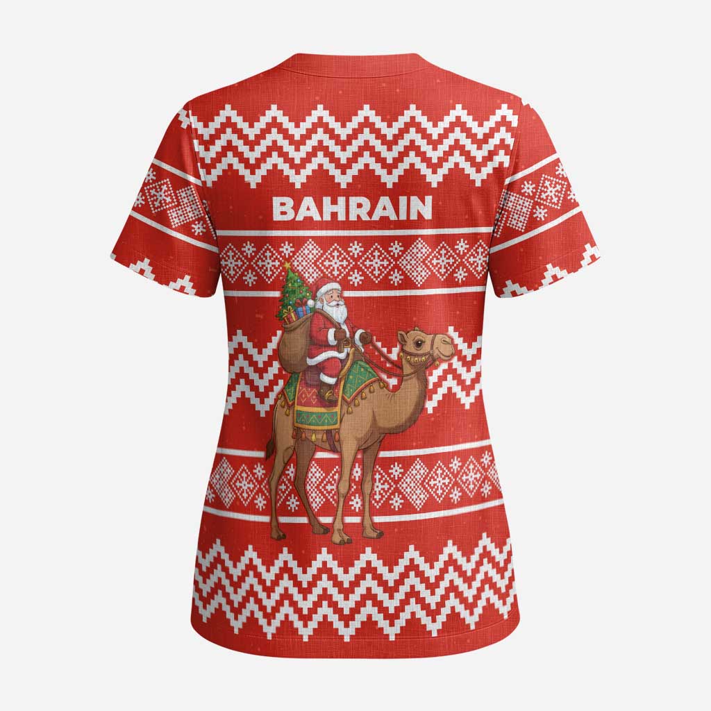 Bahrain Christmas Scrub Top with Santa Riding Camel Red Geometric Pattern and Festive Design - Wonder Print Shop