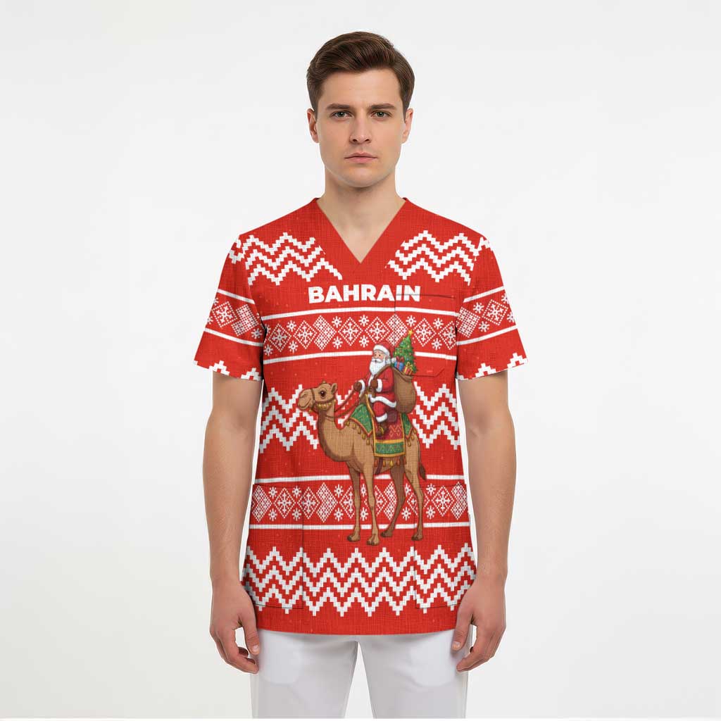 Bahrain Christmas Scrub Top with Santa Riding Camel Red Geometric Pattern and Festive Design - Wonder Print Shop