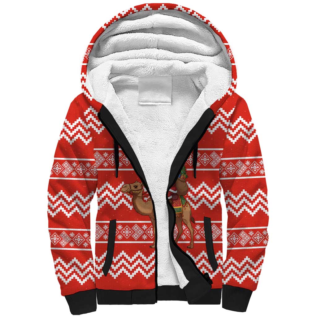 Bahrain Christmas Sherpa Hoodie with Santa Riding Camel Red Geometric Pattern and Festive Design - Wonder Print Shop
