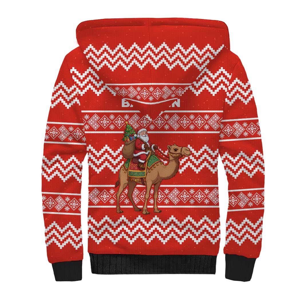 Bahrain Christmas Sherpa Hoodie with Santa Riding Camel Red Geometric Pattern and Festive Design - Wonder Print Shop