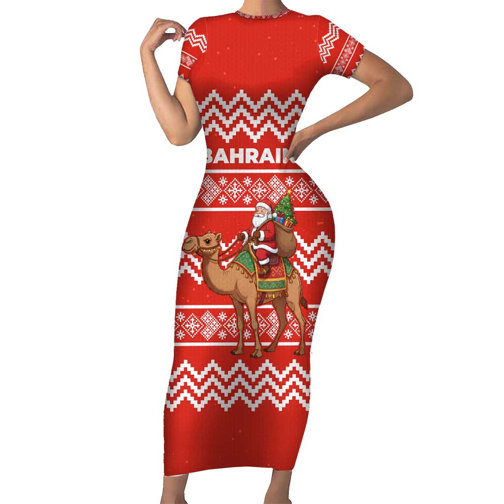 Bahrain Christmas Short Sleeve Bodycon Dress with Santa Riding Camel Red Geometric Pattern and Festive Design - Wonder Print Shop