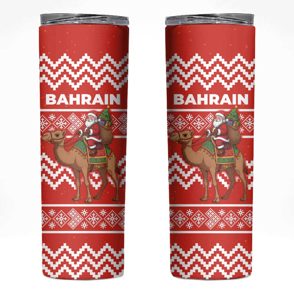 Bahrain Christmas Skinny Tumbler with Santa Riding Camel Red Geometric Pattern and Festive Design - Wonder Print Shop