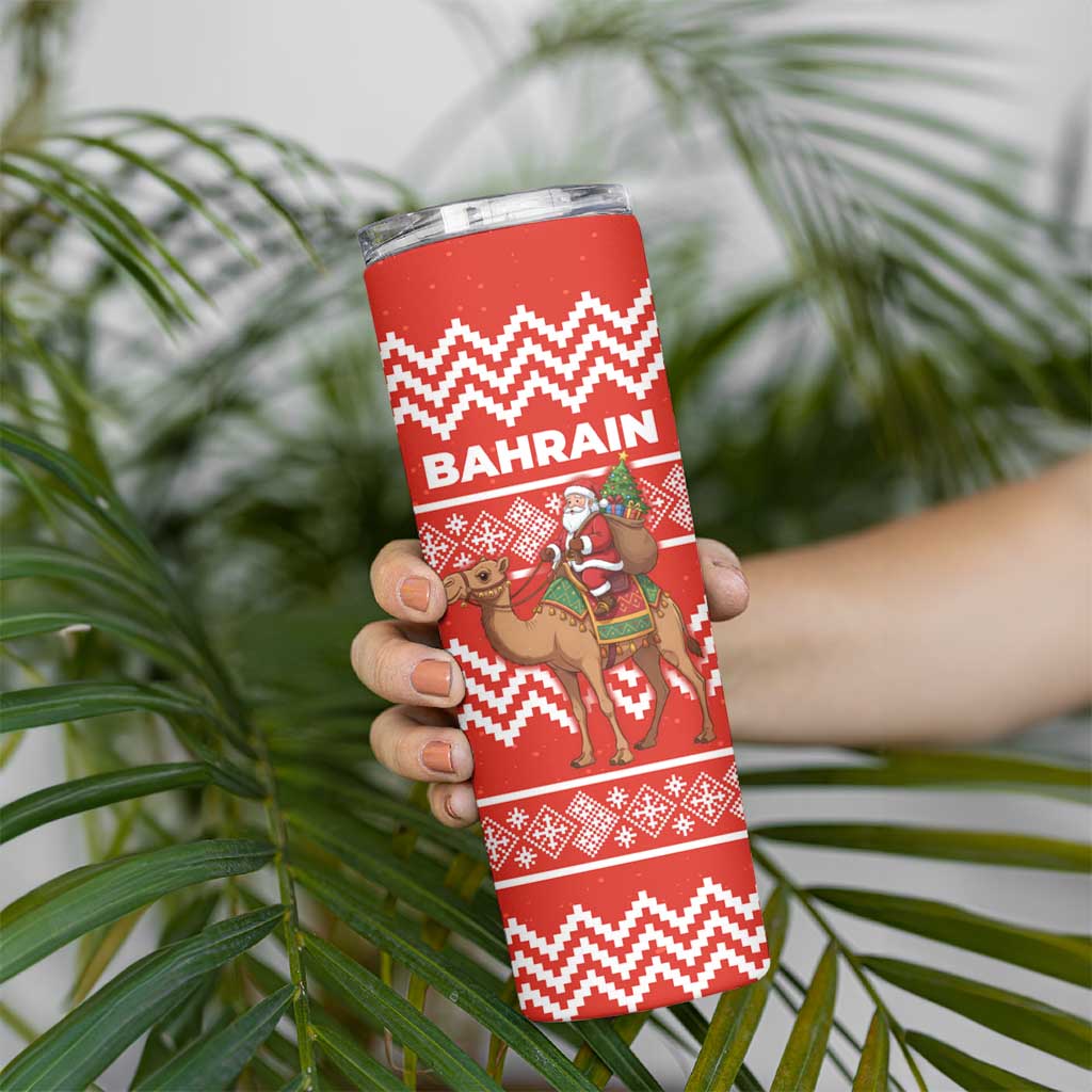 Bahrain Christmas Skinny Tumbler with Santa Riding Camel Red Geometric Pattern and Festive Design - Wonder Print Shop