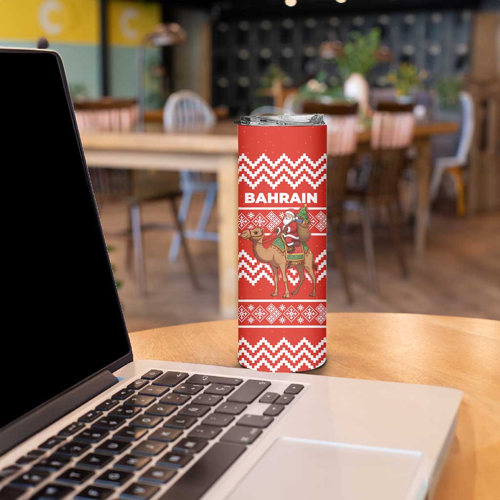 Bahrain Christmas Skinny Tumbler with Santa Riding Camel Red Geometric Pattern and Festive Design - Wonder Print Shop