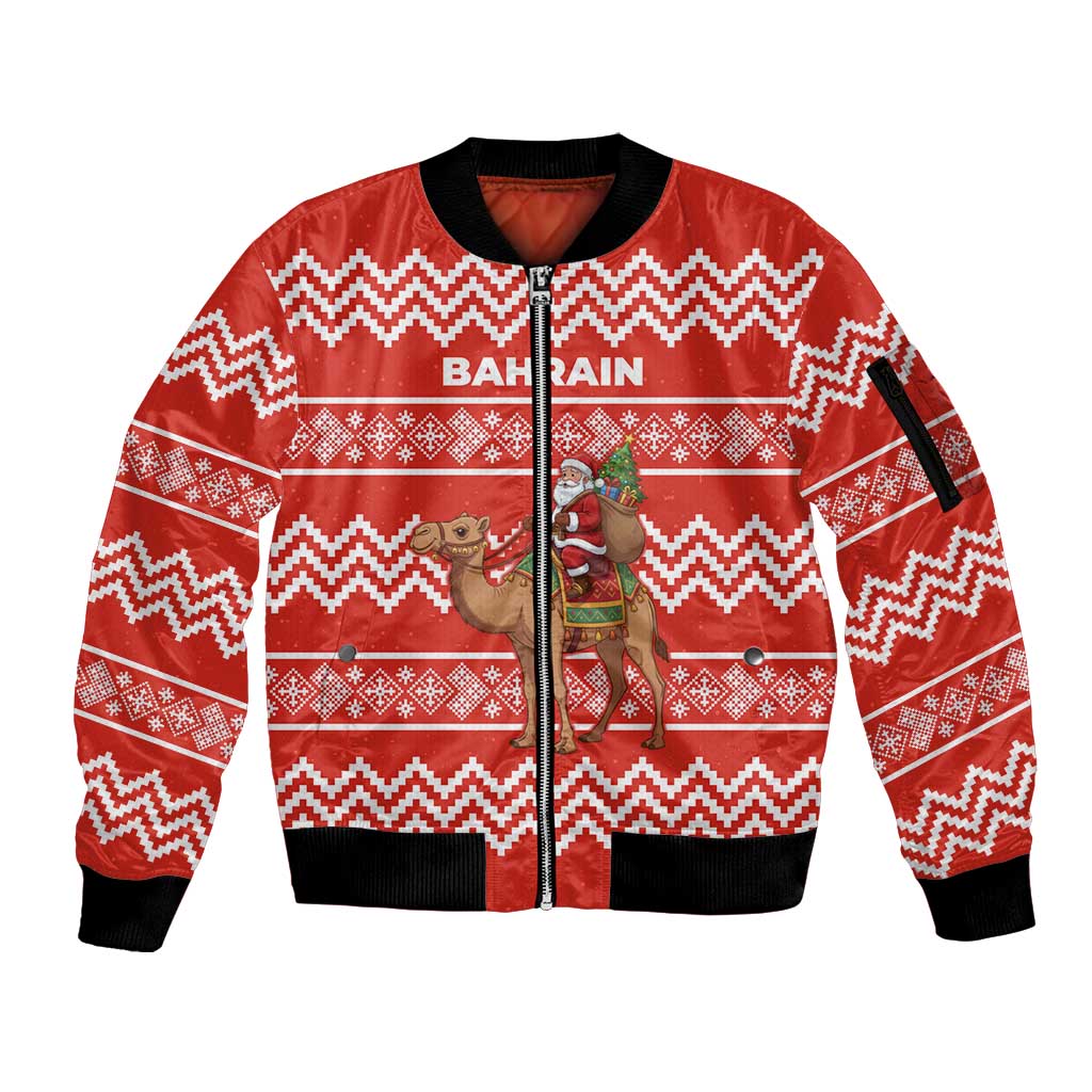 Bahrain Christmas Sleeve Zip Bomber Jacket with Santa Riding Camel Red Geometric Pattern and Festive Design - Wonder Print Shop