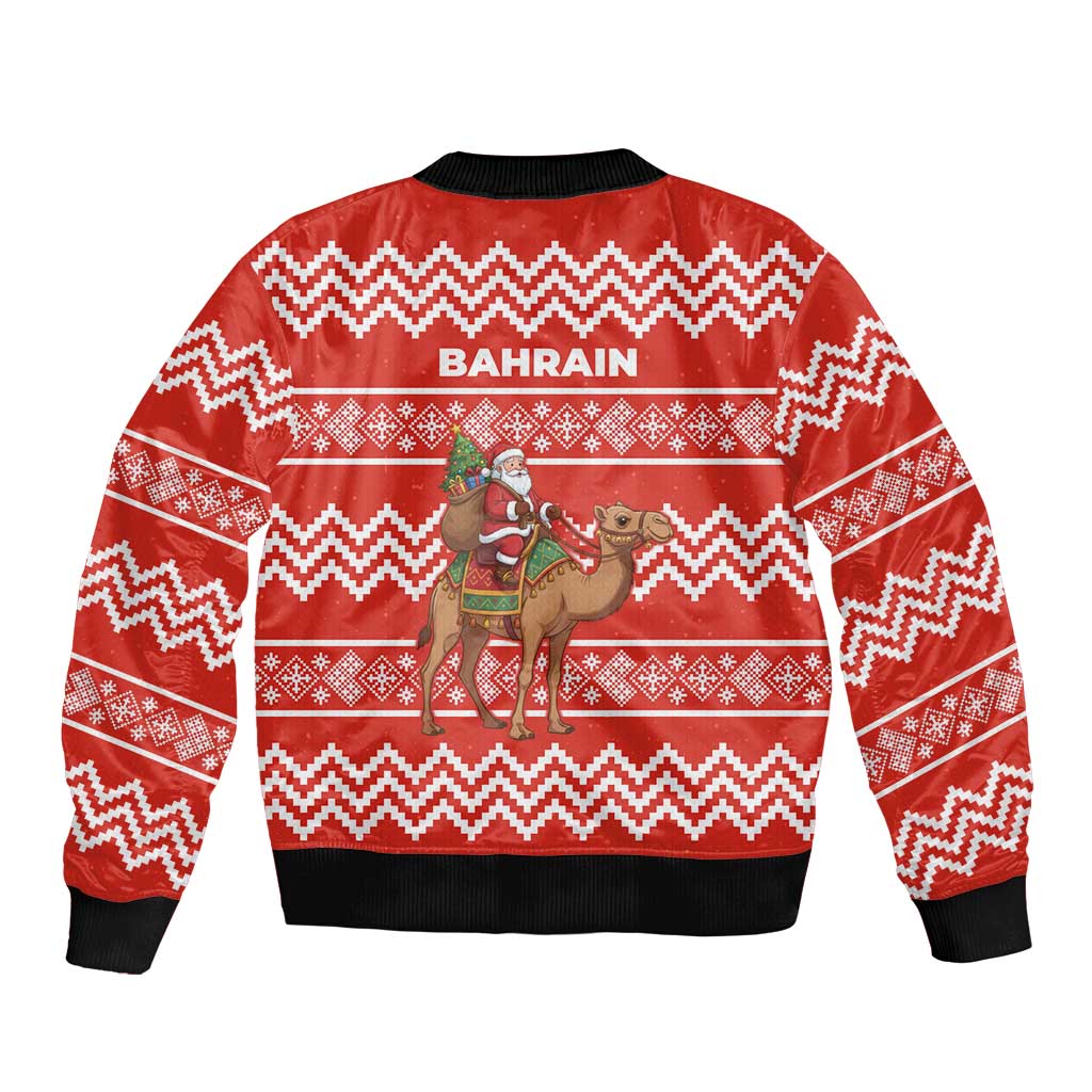 Bahrain Christmas Sleeve Zip Bomber Jacket with Santa Riding Camel Red Geometric Pattern and Festive Design - Wonder Print Shop