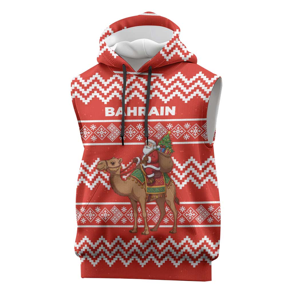 Bahrain Christmas Sleeveless Hoodie with Santa Riding Camel Red Geometric Pattern and Festive Design - Wonder Print Shop