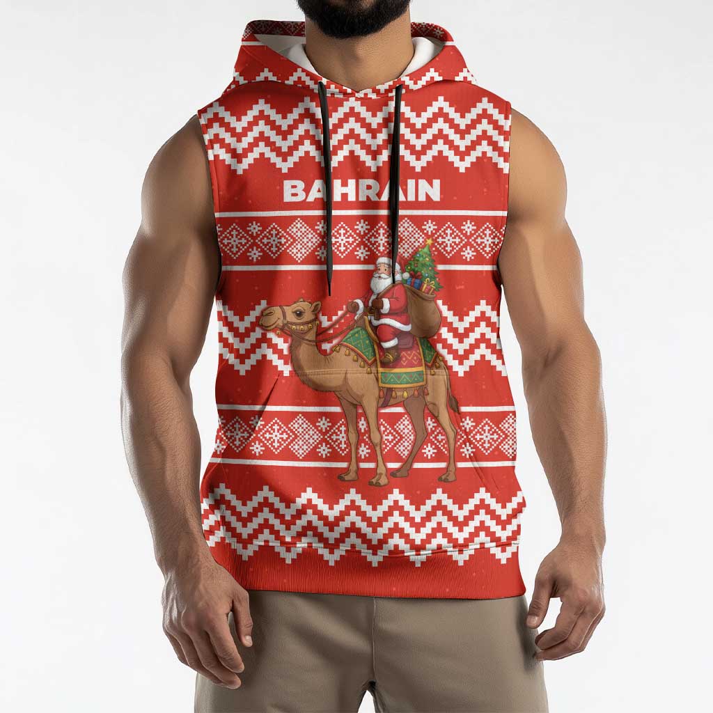 Bahrain Christmas Sleeveless Hoodie with Santa Riding Camel Red Geometric Pattern and Festive Design - Wonder Print Shop