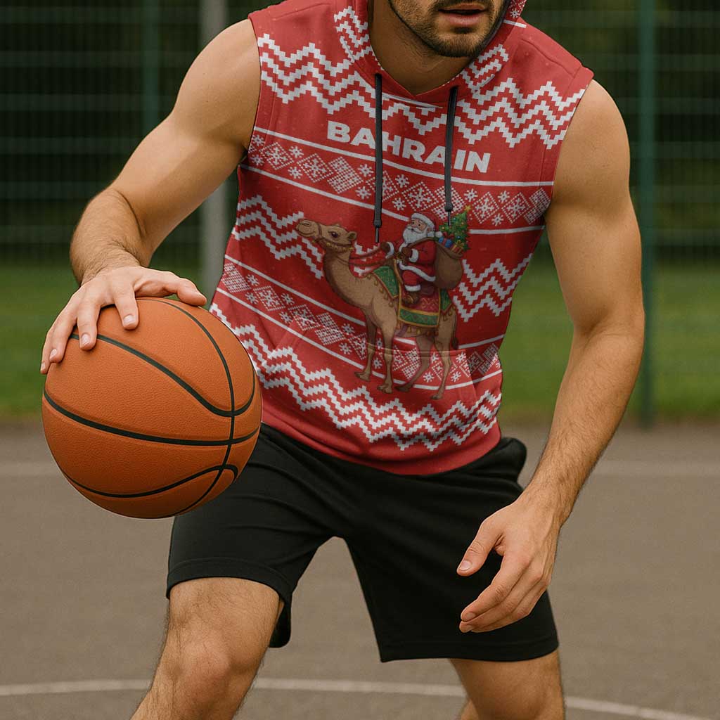 Bahrain Christmas Sleeveless Hoodie with Santa Riding Camel Red Geometric Pattern and Festive Design - Wonder Print Shop