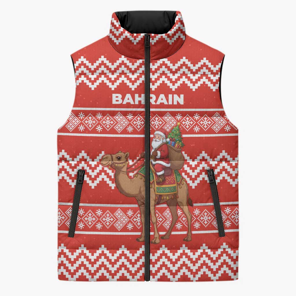 Bahrain Christmas Sleeveless Puffer Jacket with Santa Riding Camel Red Geometric Pattern and Festive Design - Wonder Print Shop