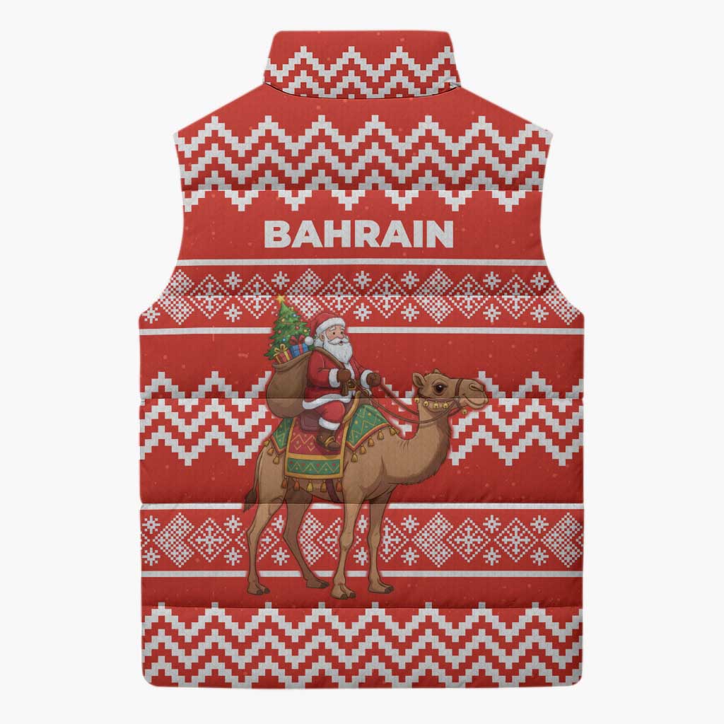 Bahrain Christmas Sleeveless Puffer Jacket with Santa Riding Camel Red Geometric Pattern and Festive Design - Wonder Print Shop