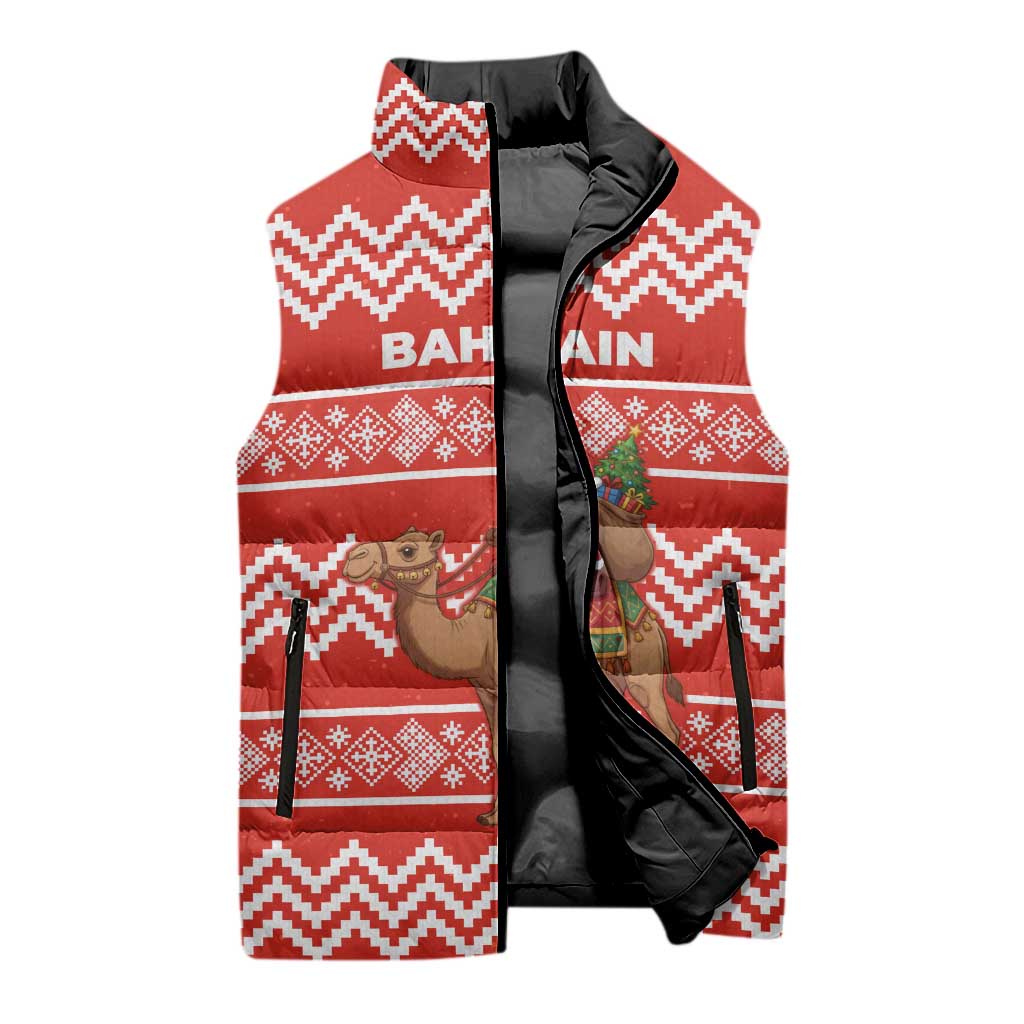 Bahrain Christmas Sleeveless Puffer Jacket with Santa Riding Camel Red Geometric Pattern and Festive Design - Wonder Print Shop