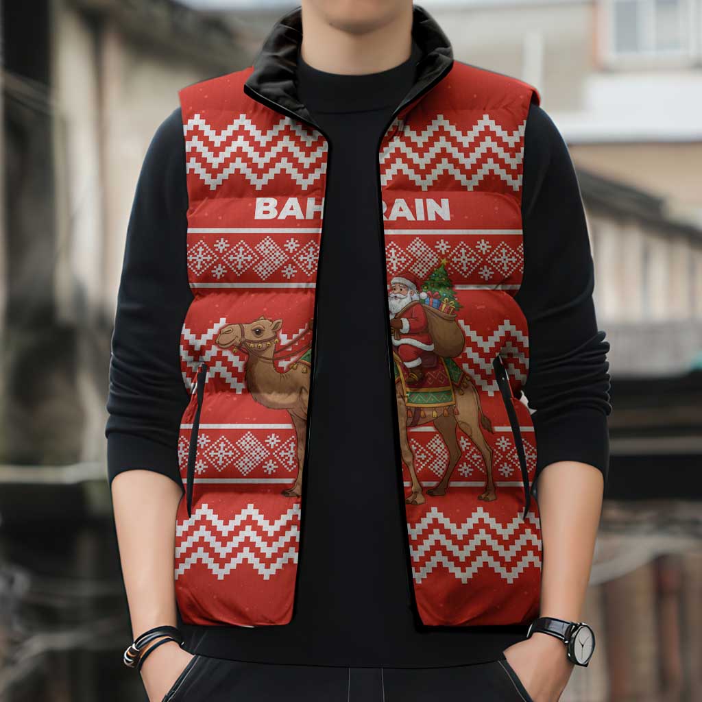 Bahrain Christmas Sleeveless Puffer Jacket with Santa Riding Camel Red Geometric Pattern and Festive Design - Wonder Print Shop