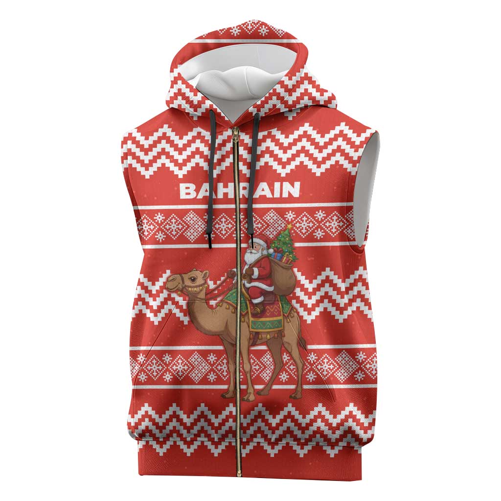 Bahrain Christmas Sleeveless Zip Hoodie with Santa Riding Camel Red Geometric Pattern and Festive Design - Wonder Print Shop
