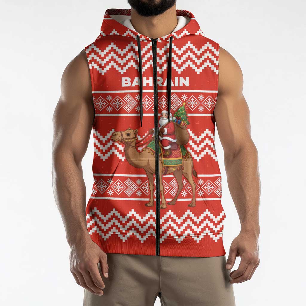 Bahrain Christmas Sleeveless Zip Hoodie with Santa Riding Camel Red Geometric Pattern and Festive Design - Wonder Print Shop