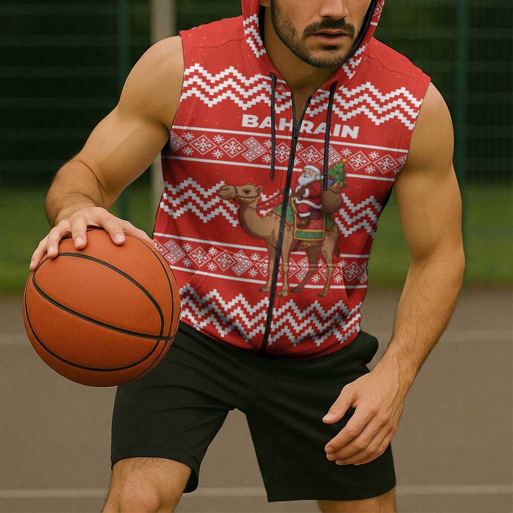 Bahrain Christmas Sleeveless Zip Hoodie with Santa Riding Camel Red Geometric Pattern and Festive Design - Wonder Print Shop