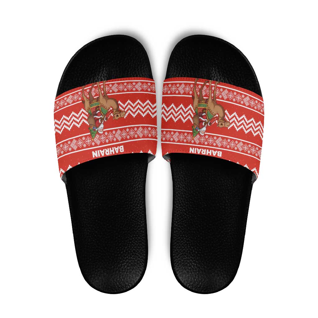 Bahrain Christmas Slide Sandals with Santa Riding Camel Red Geometric Pattern and Festive Design - Wonder Print Shop