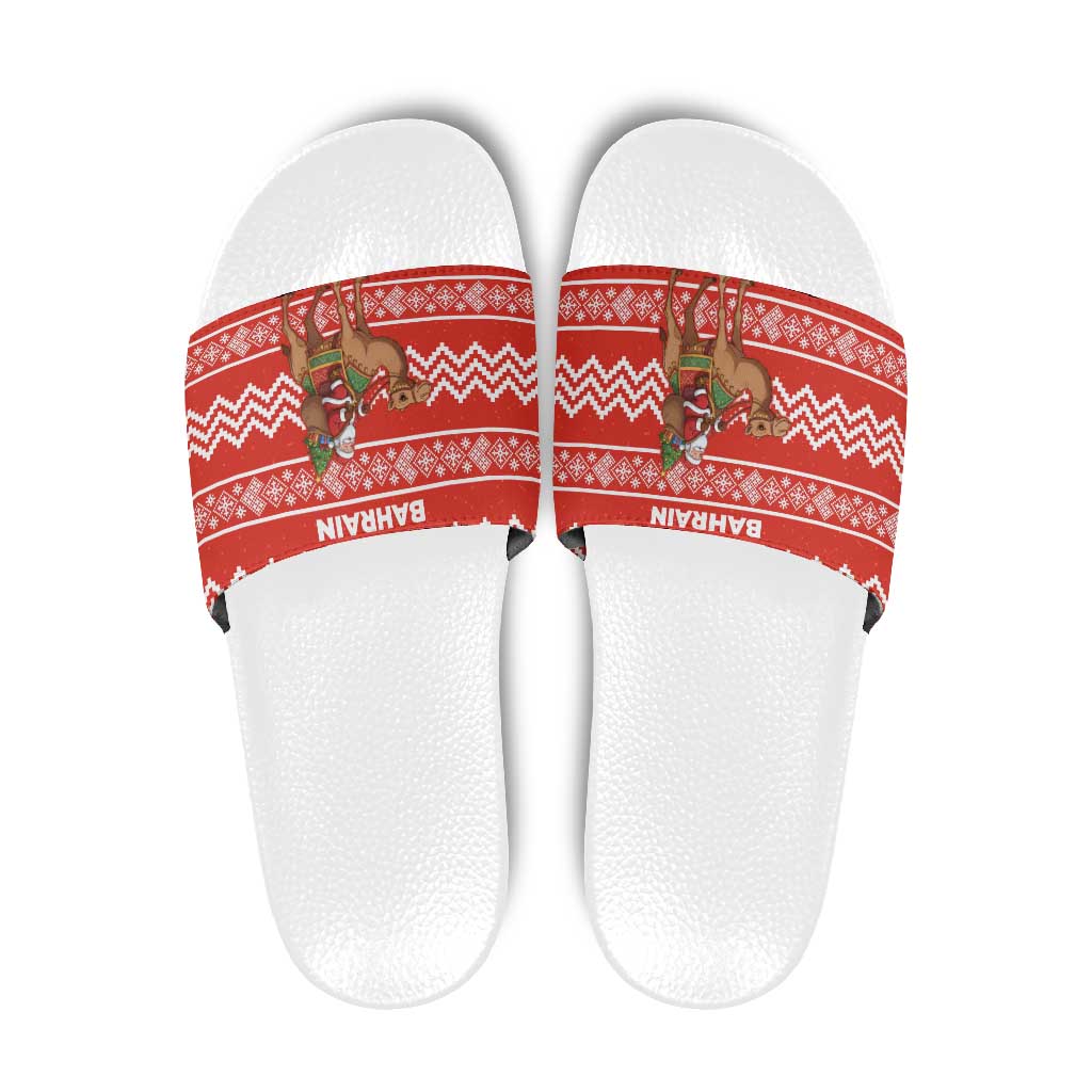 Bahrain Christmas Slide Sandals with Santa Riding Camel Red Geometric Pattern and Festive Design - Wonder Print Shop