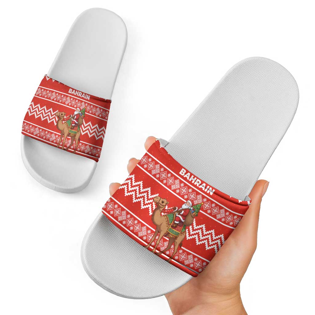 Bahrain Christmas Slide Sandals with Santa Riding Camel Red Geometric Pattern and Festive Design - Wonder Print Shop