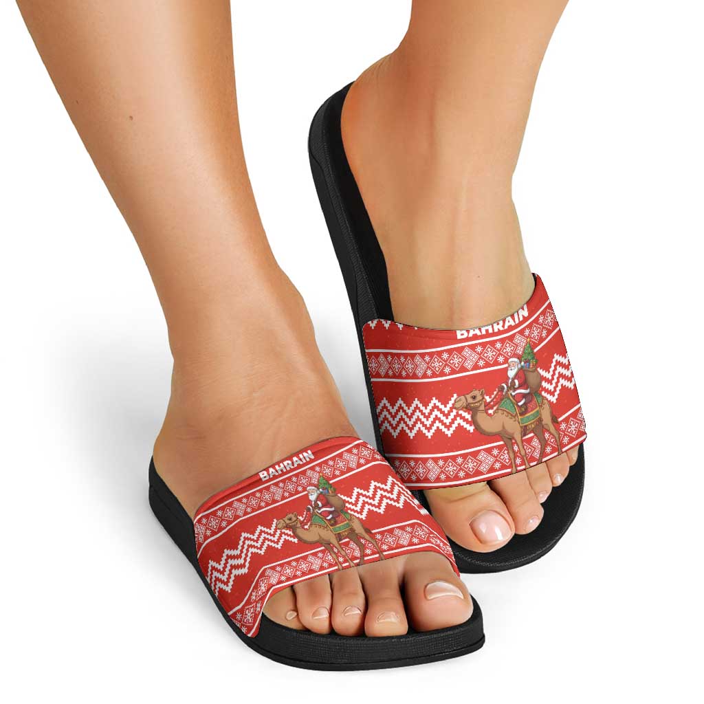Bahrain Christmas Slide Sandals with Santa Riding Camel Red Geometric Pattern and Festive Design - Wonder Print Shop