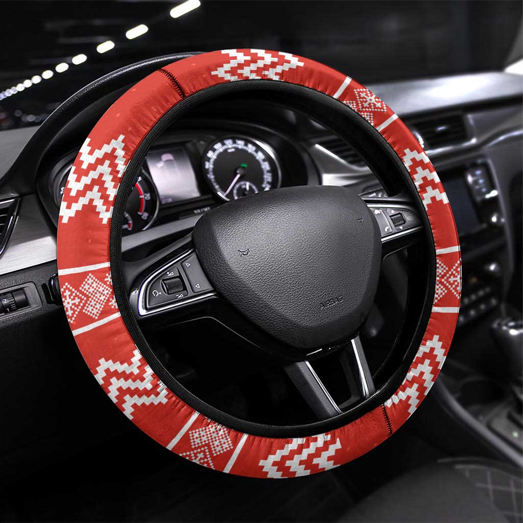 Bahrain Christmas Steering Wheel Cover with Santa Riding Camel Red Geometric Pattern and Festive Design - Wonder Print Shop