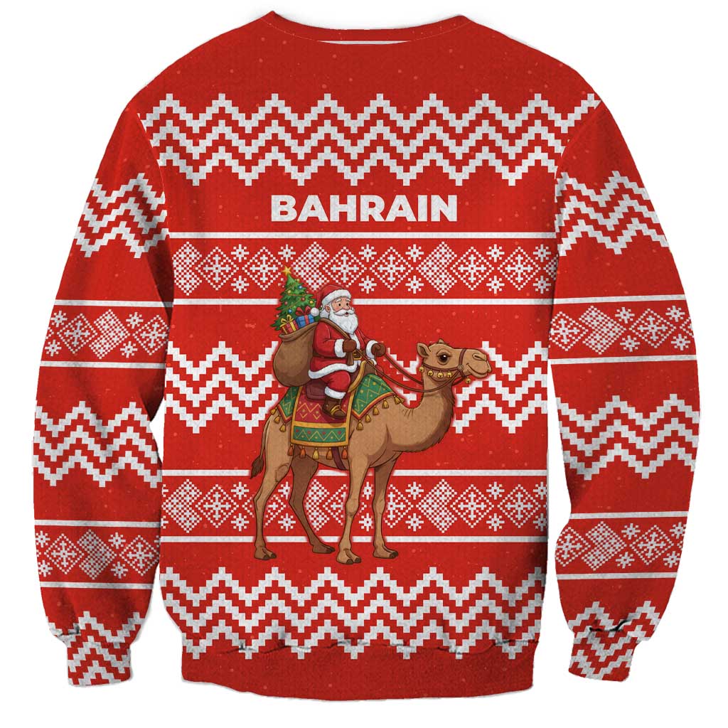 Bahrain Christmas Sweatshirt with Santa Riding Camel Red Geometric Pattern and Festive Design - Wonder Print Shop