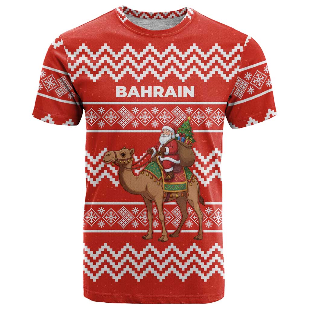 Bahrain Christmas T Shirt with Santa Riding Camel Red Geometric Pattern and Festive Design - Wonder Print Shop