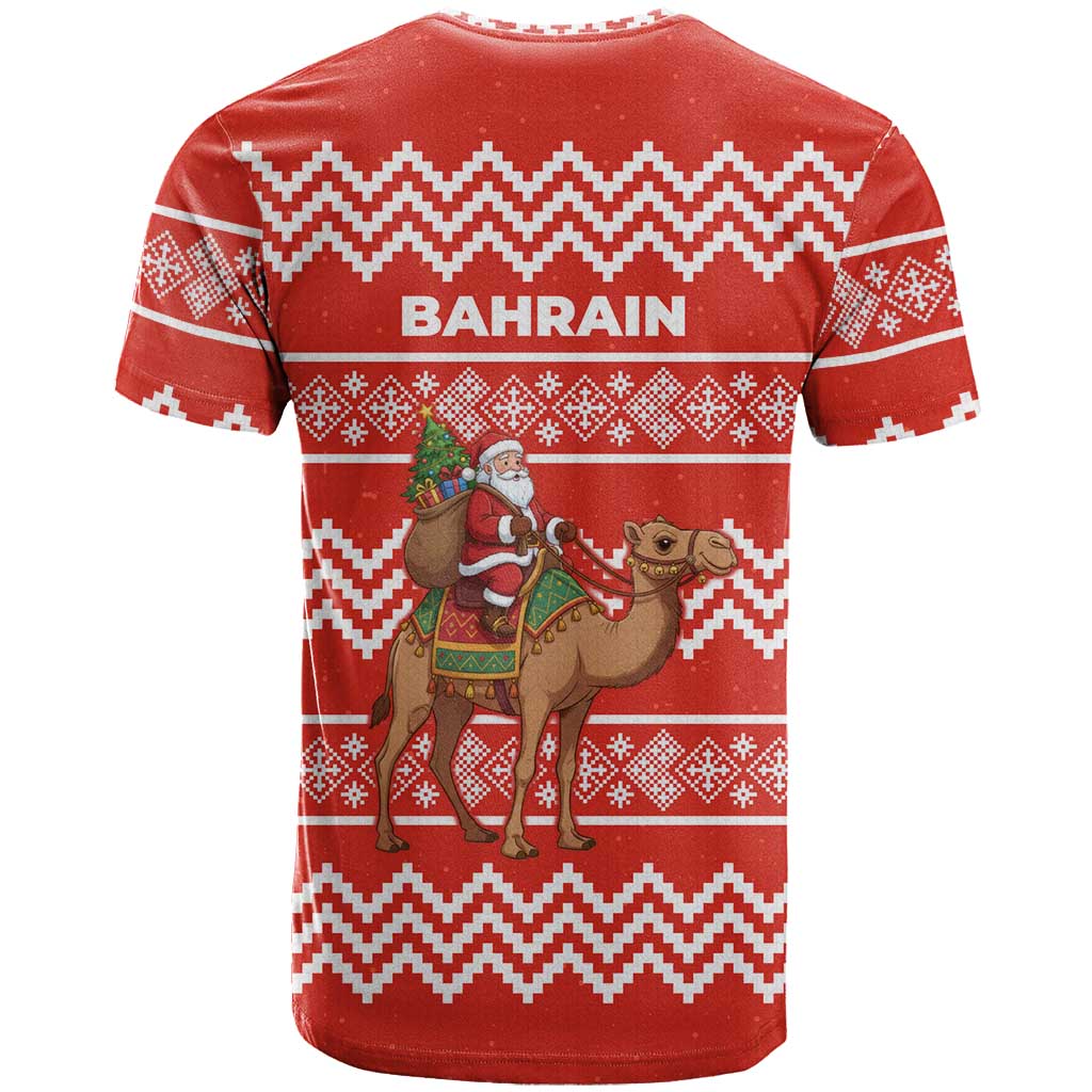 Bahrain Christmas T Shirt with Santa Riding Camel Red Geometric Pattern and Festive Design - Wonder Print Shop