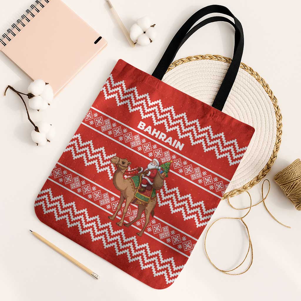 Bahrain Christmas Tote Bag with Santa Riding Camel Red Geometric Pattern and Festive Design - Wonder Print Shop