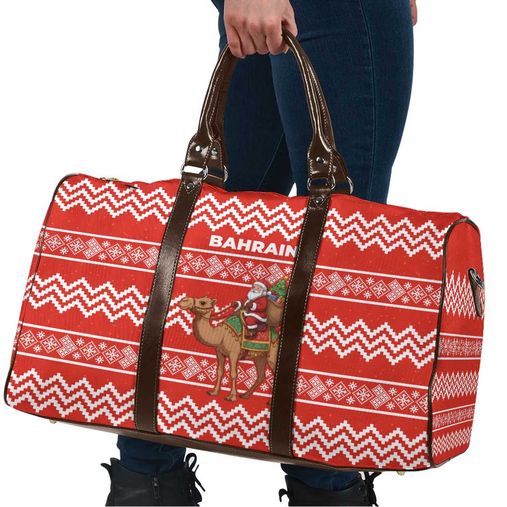 Bahrain Christmas Travel Bag with Santa Riding Camel Red Geometric Pattern and Festive Design - Wonder Print Shop