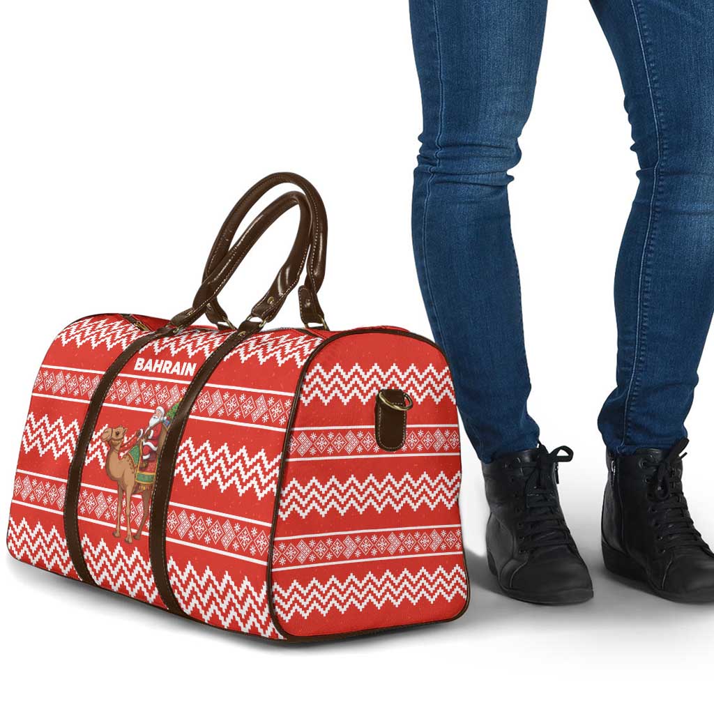 Bahrain Christmas Travel Bag with Santa Riding Camel Red Geometric Pattern and Festive Design - Wonder Print Shop