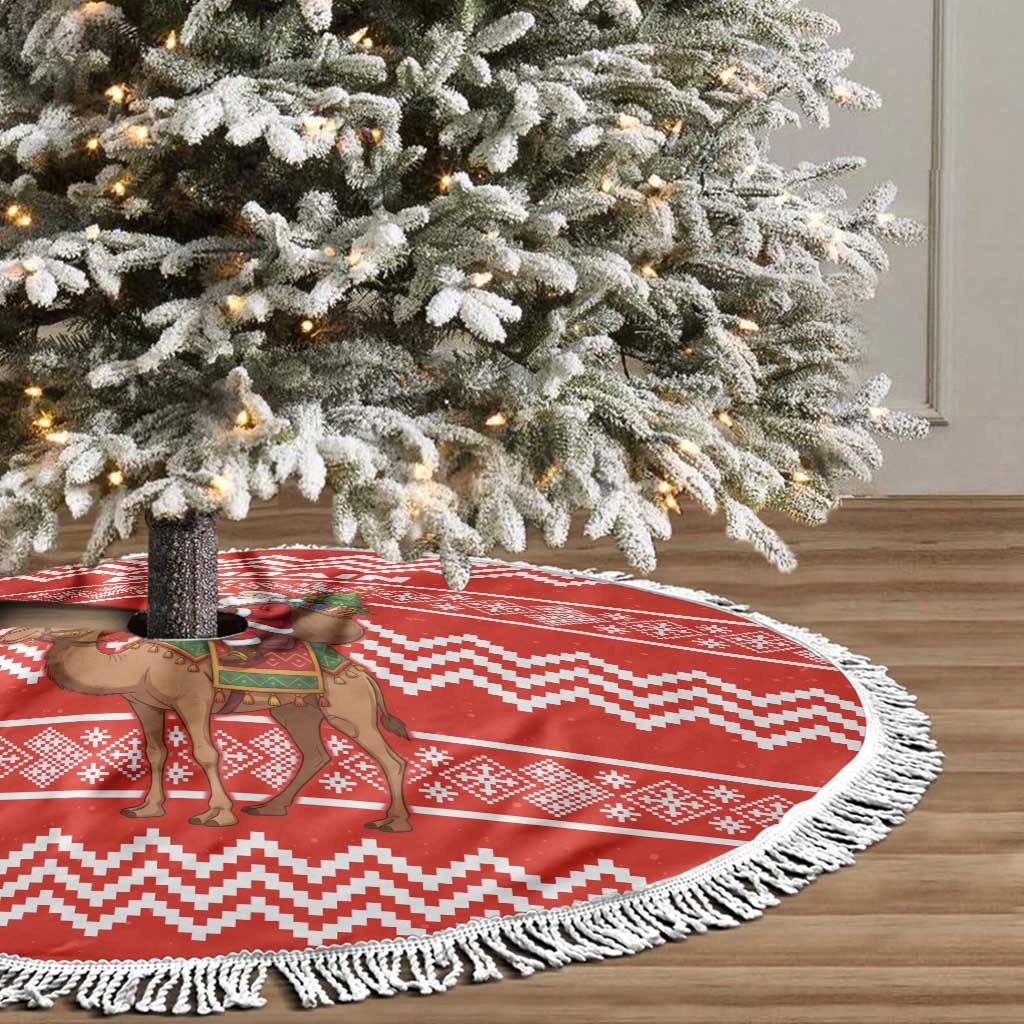 Bahrain Christmas Tree Skirt with Santa Riding Camel Red Geometric Pattern and Festive Design - Wonder Print Shop