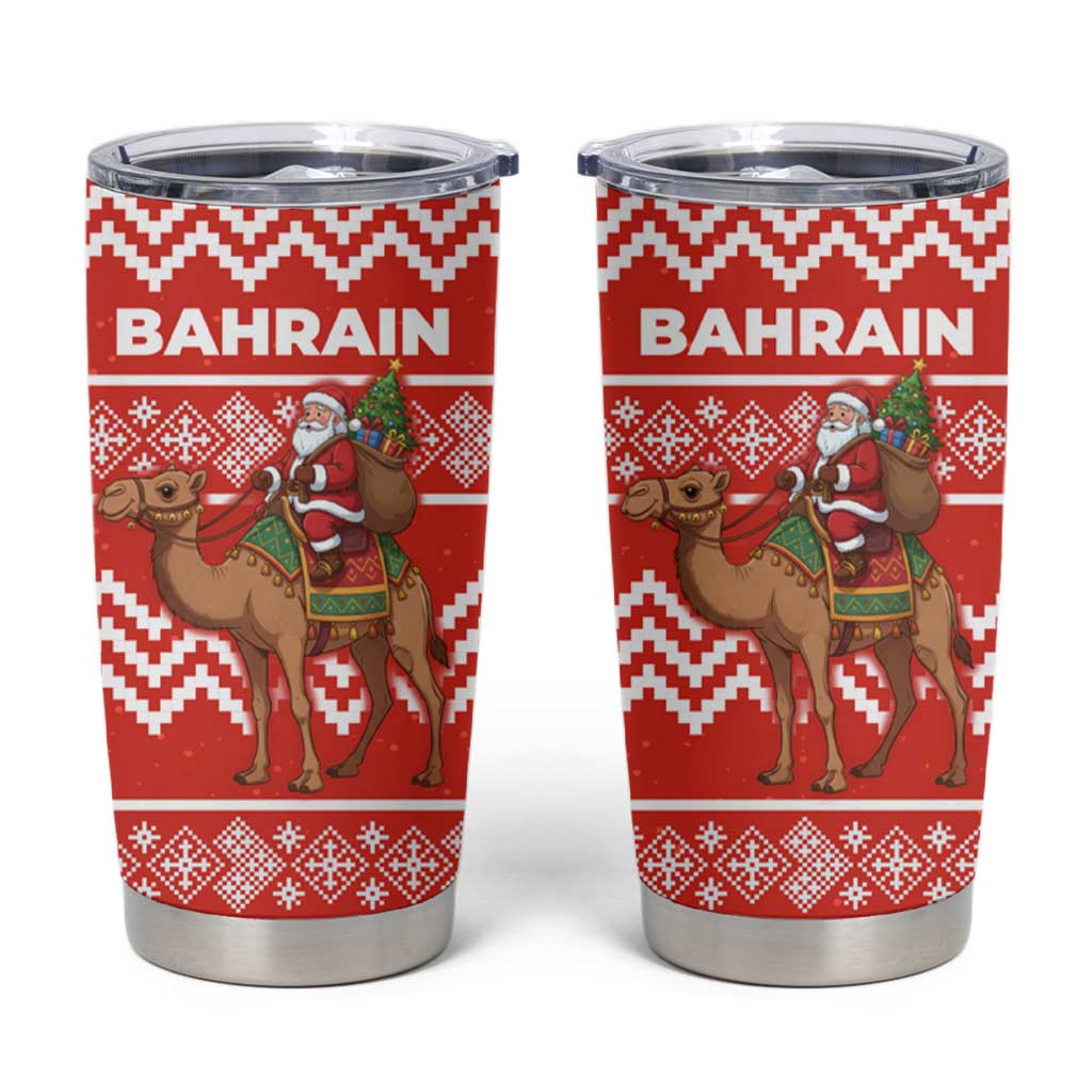 Bahrain Christmas Tumbler Cup with Santa Riding Camel Red Geometric Pattern and Festive Design - Wonder Print Shop