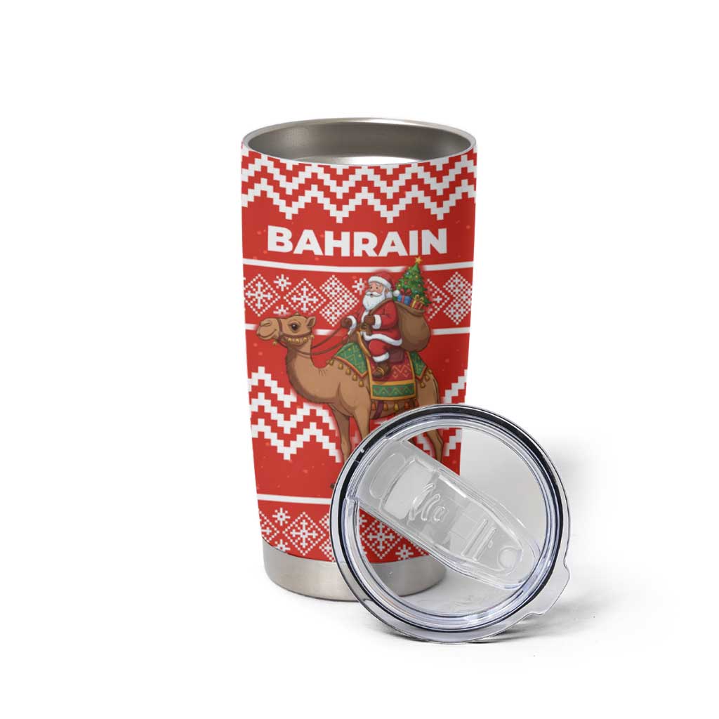Bahrain Christmas Tumbler Cup with Santa Riding Camel Red Geometric Pattern and Festive Design - Wonder Print Shop