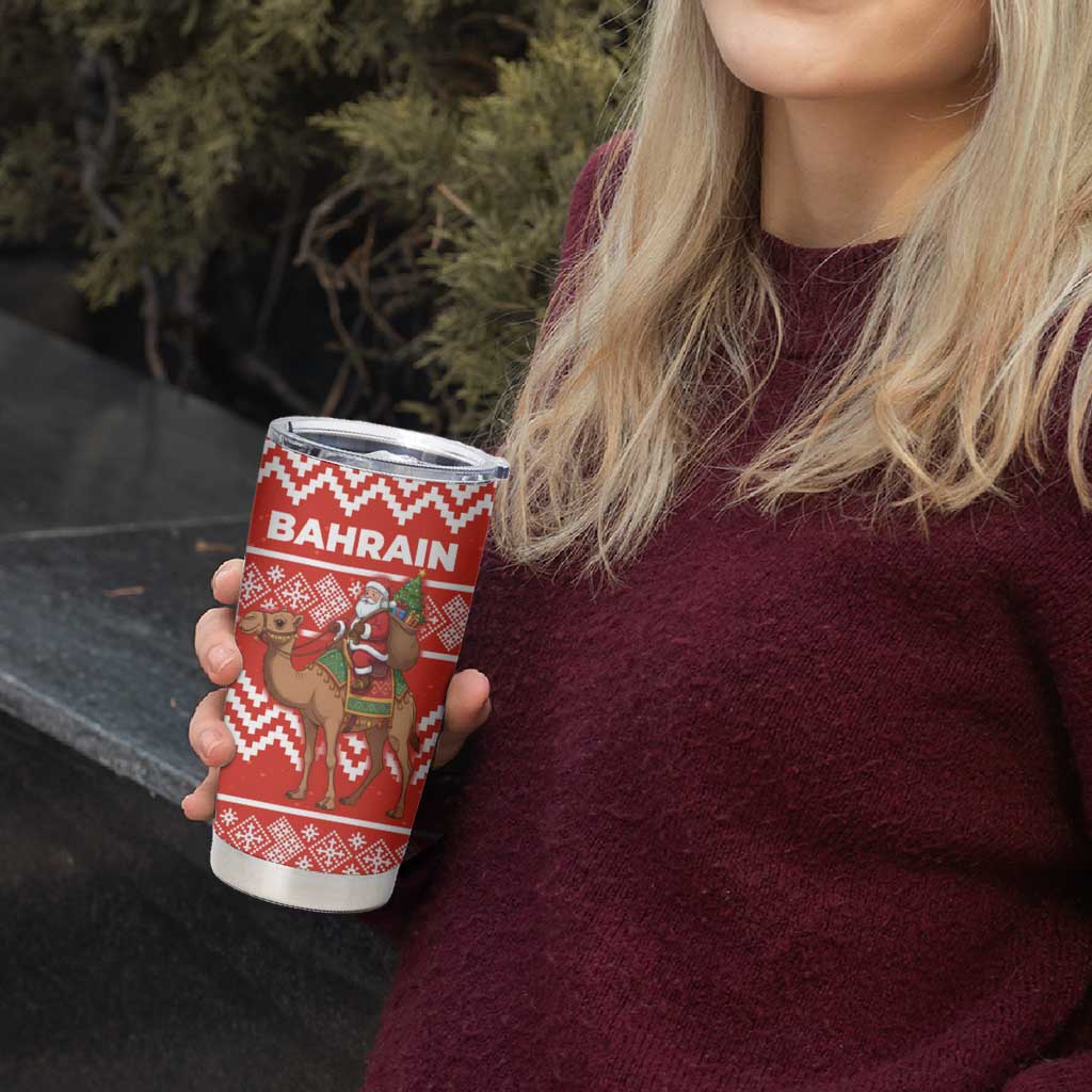 Bahrain Christmas Tumbler Cup with Santa Riding Camel Red Geometric Pattern and Festive Design - Wonder Print Shop