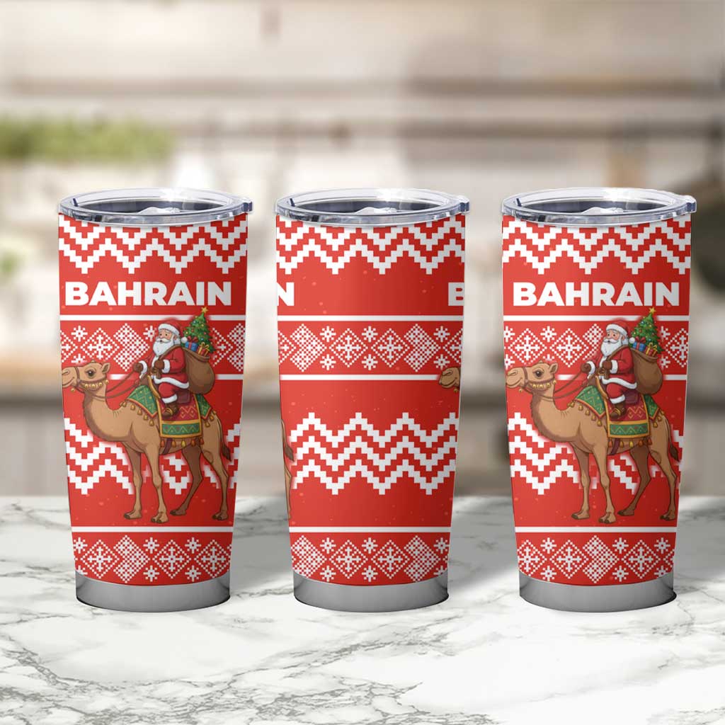 Bahrain Christmas Tumbler Cup with Santa Riding Camel Red Geometric Pattern and Festive Design - Wonder Print Shop