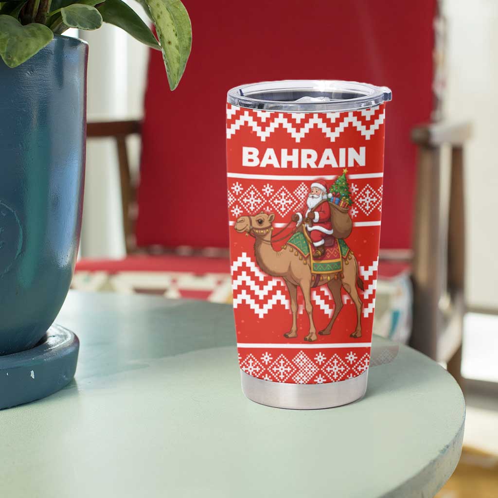 Bahrain Christmas Tumbler Cup with Santa Riding Camel Red Geometric Pattern and Festive Design - Wonder Print Shop
