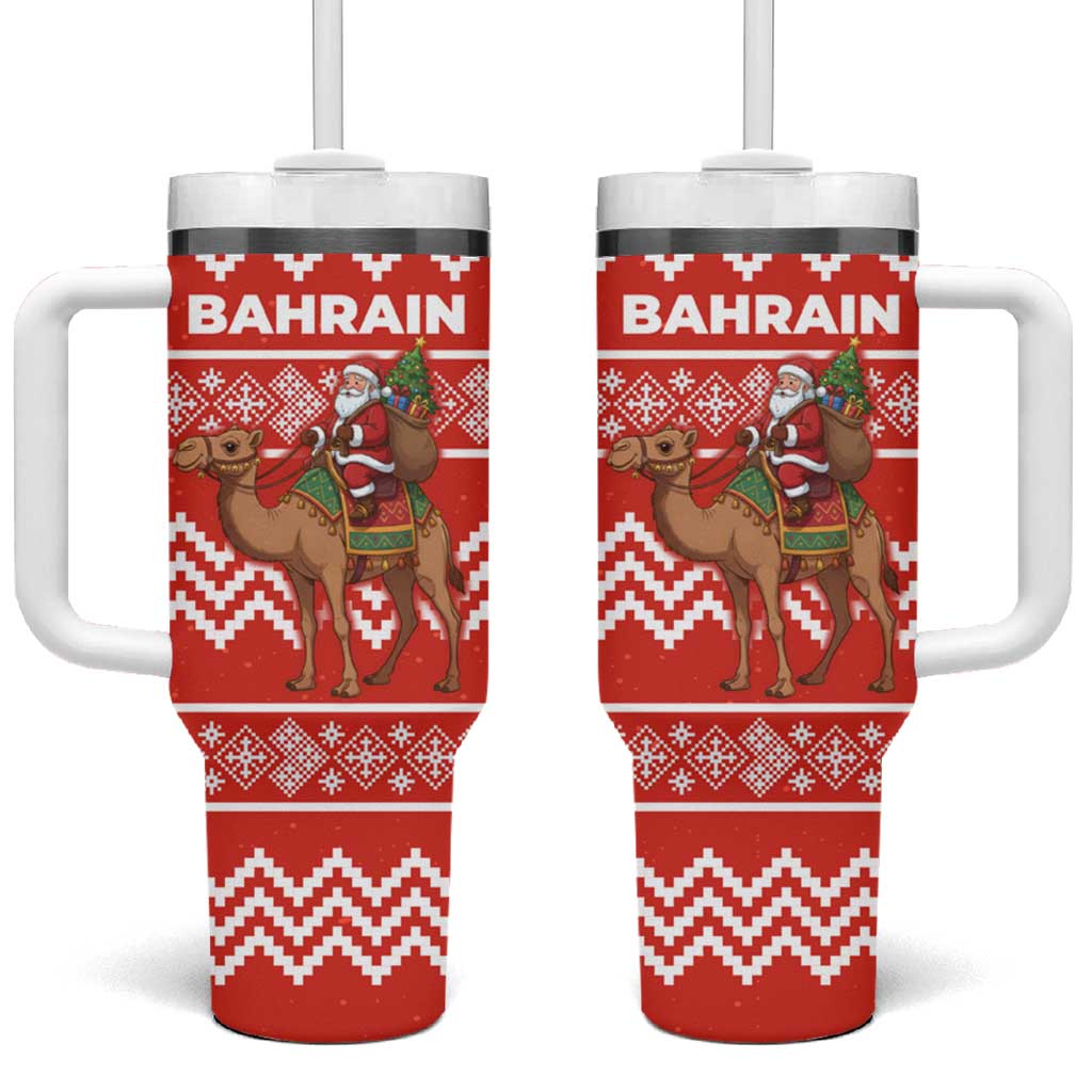 Bahrain Christmas Tumbler With Handle with Santa Riding Camel Red Geometric Pattern and Festive Design - Wonder Print Shop